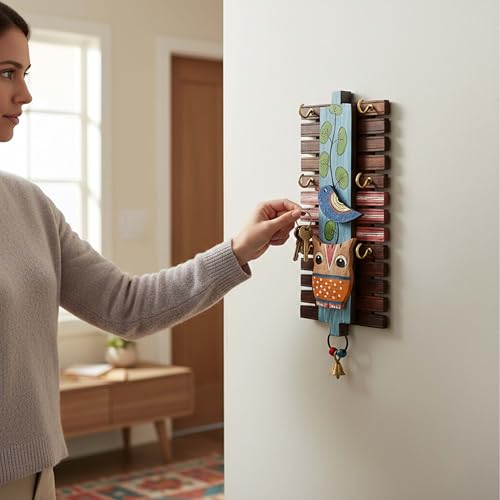 Image of AAKRITI ART CREATIONS Key Holder, Handcrafted Warli Design Key Hanger | Rustic Rose Wood Wall Organizer with 6 Hooks | New Home Gifts | Multifunctional Entryway Decor Item