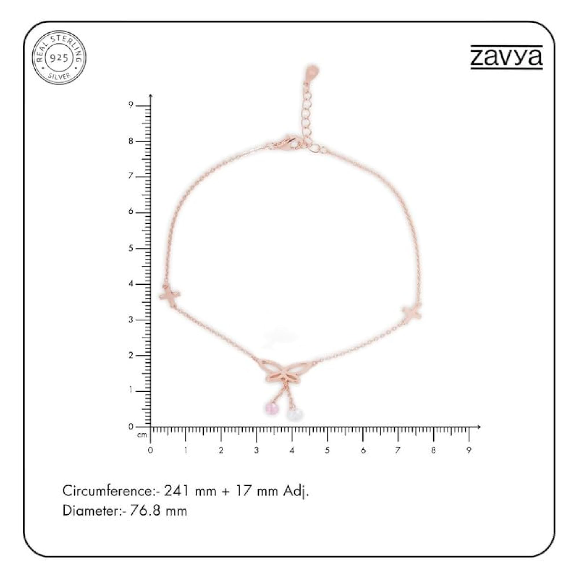 925 Sterling Silver Butterfly Anklet with Pink & White Drops