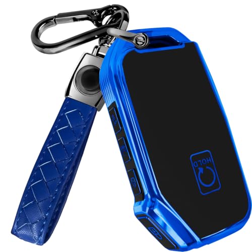 Image of Lucrum Key Fob Cover for Kia, TPU KeyFob Case & Leather Keychain | Fits NOT FLIP Sportage Soul Forte Telluride EV6 Niro K5 Stinger, 5 Buttons (2018-2025) - Blue and Black
