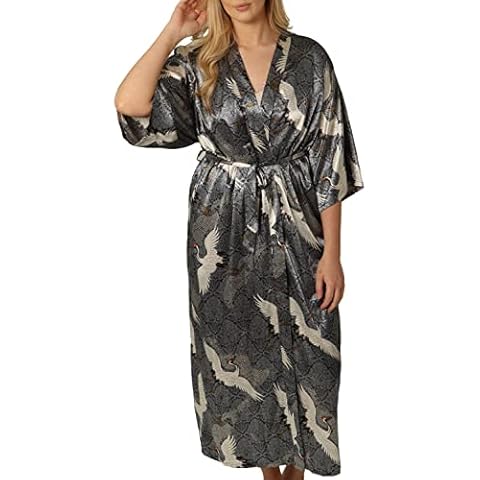 Style Slice Womens Kimono Dressing Gown Silk Robe Long Dressing Gown Satin Robe Bridal Robe Women's Robes Kimono Dressing Gowns Japanese Kimono Dressing Gowns Floral Kimono Robe (Grey Crane Bird) Cover