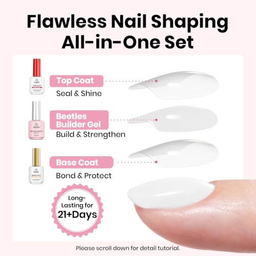Image of Beetles Builder Gel Nail Kit with Base and Top Coat 15ml - HEMA Free Milky White Builder Gel with Nail Art Liner Brush, Soak Off UV LED Gel for Nail Strengthening, Extension & Long Lasting Manicure