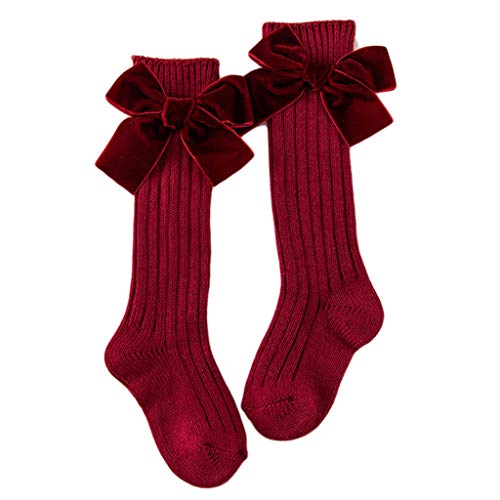 QUQUTWO Kids Girls Chunky Ribbed Knit Knee High Socks Solid Cute Velvet Bow Stockings Wine red