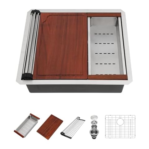 23 Undermount Kitchen Sink - Beslend 23x19 Inch Under Counter Sinks Stainless Steel Ledge Workstation Sink 16 Gauge Single Bowl 10 Inch Deep Stages Kitchen Sink Basin with Accessories Cover