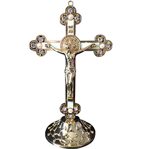 Kelendle Jesus Christ On Cross Standing Crucifix 6 Inch with Detachable Base Luminous Gilded Diamond-Studded Pearls Baroque Style Vintage Antique for Religious Gift Home Church Wall Decor (Golden)
