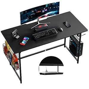 Pamray 55” Rounded Corner Home Office Desk with Thickened Bottom Crossbar and Cable Trough & Cable Management Simple Computer Desk for Work and Gaming, Black