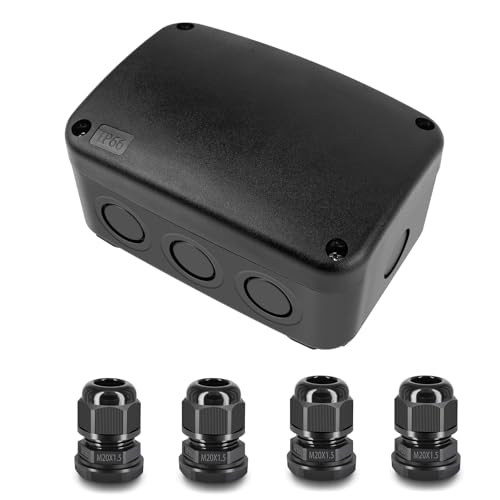 Weatherproof Junction Box,Nineleaf IP66 Waterproof Electrical Project Boxes PVC/ABS Plastic Enclosure Box CCTV Watertight 4.9 x 3.3 x 2.3 inch,Black,with 4PK 20mm Cable Gland