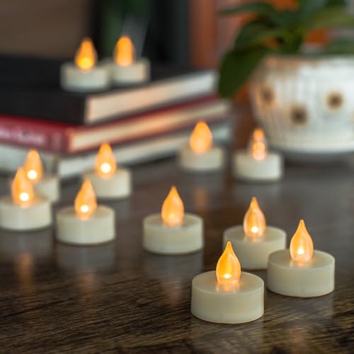 Image of 12 Battery Operated Flameless LED Tea Lights with Timer Realistic Flickering Electric Tealight Votive Candles Set Bulk Baptism Wedding Party Decoration Kitchen Home Decor Centerpieces Batteries Incl.