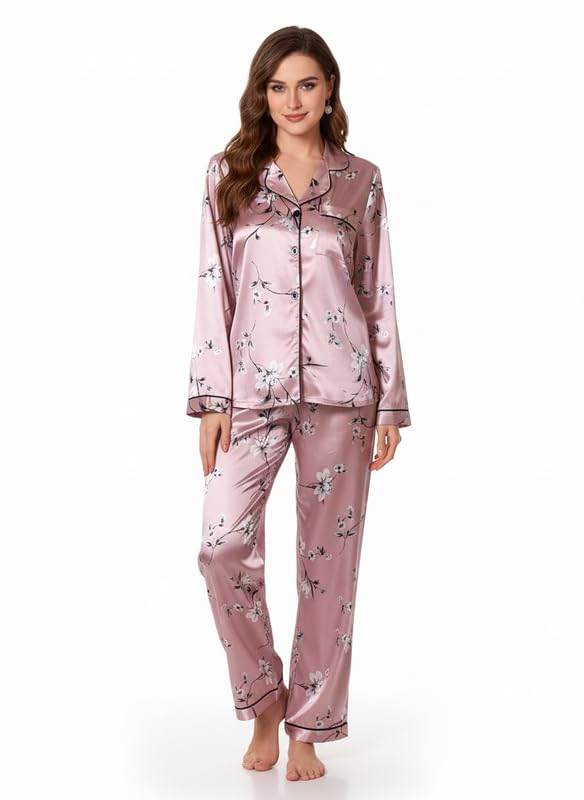 Image of Night Suit for Women with Full Sleeve Button-Down Top with Pant Dress for Woman, Cotton Night Dress for Woman, Two-Piece Loungewear Set