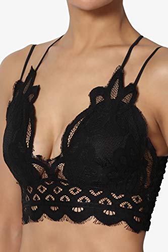 Women's Cross Strap & Stretchy Smocked Back Crochet Lace Bralette Pad Bra Top Black L - Image 5