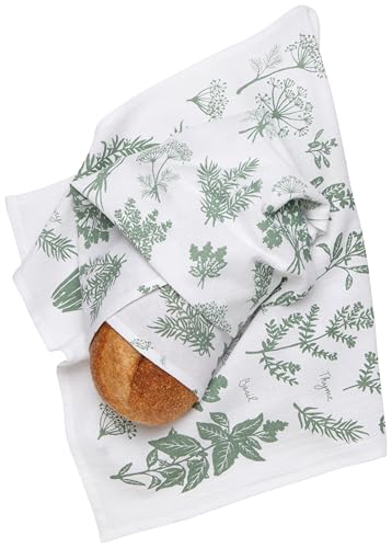 Image of Now Designs Fresh Herbs Elm Green Floursack Dishtowels Set of 2, 100% Cotton, W20 x L30in, Extra Soft Kitchen Linens