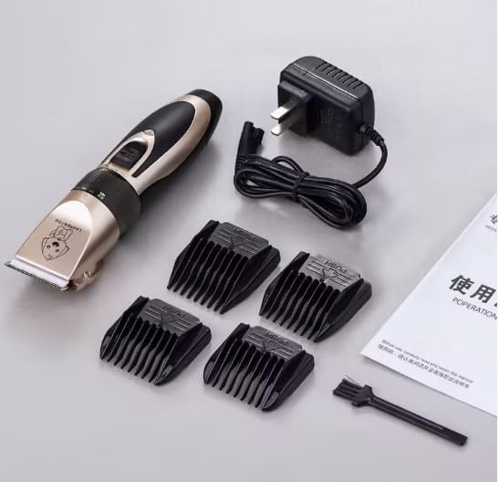 Rechargeable Pet Hair Clipper for Cats and Dogs, Gold Electric Grooming Kit with 4 Guide Combs, Scissors, Comb and Nail Clipper