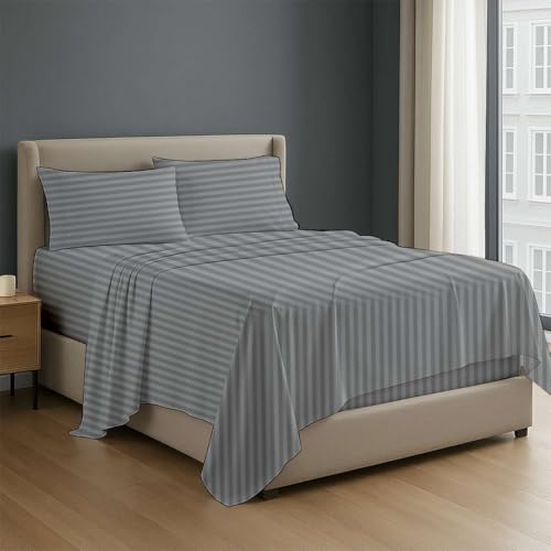 Image of NON Sticky cotton Premium 4 Piece Egyptian Cotton Fitted King Sheet Set, Hotel Quality Soft Breathable Bedding Sheets, 15 inch Deep Pocket, 78 inch X 80 inch, Light Grey Stripe