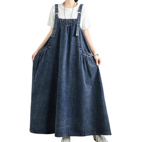 Image of Women's Casual Loose Denim Dress Sleeveless Adjustable Straps Denim Jumper Dress with Pockets