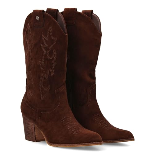 96378 Bota Campera con Tacon, Comodas, Bordado en Cana y Empeine, Estilo Vaquero Cierre de Cremallera, Ideales Otono Invierno Marron Talla 39