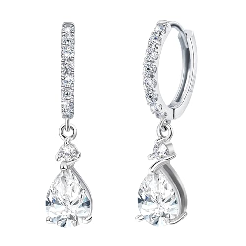 Hoop Earrings with Dangle Charm Sterling Silver Cz Teardrop Dangle Earrings Pear Drop Huggie Hoop Earrings Bridal Wedding Sparkling Crystal Jewelry for Women Mother's Day Gifts for Mom Daughter
