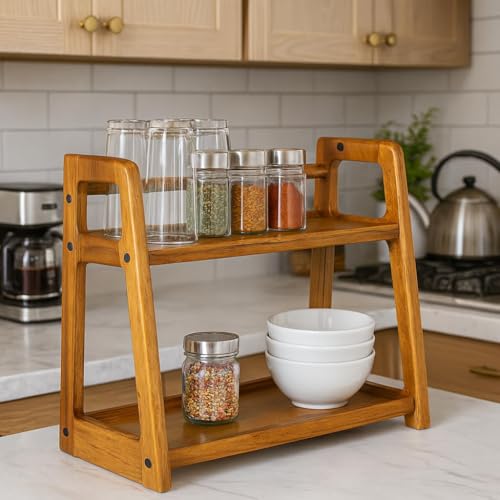 Image of Wooden Multipurpose 2 Tier Shelf Kitchen Rack, Solid Wood Grocery Coutertop Spice Rack, Sugar Containers, Jars, Bottles, Utensils Organiser Holder for Kitchen Countertop (Brown)
