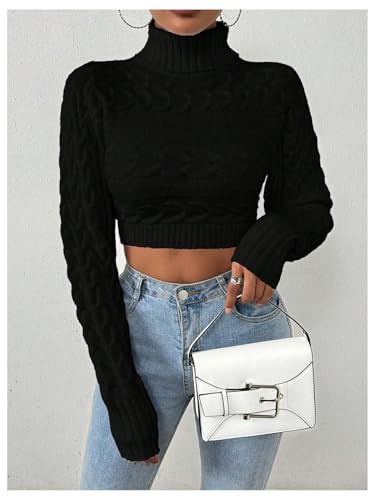 OYOANGLE Women's Cable Knit Turtleneck Sweater Long Sleeve Fitted Cropped Sweaters4