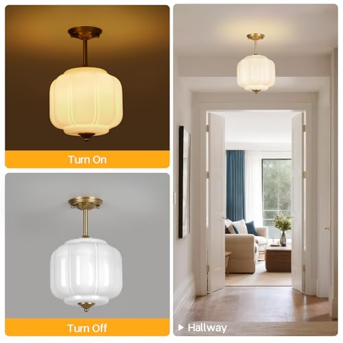 Image of 9.4 inch Milk Glass Semi Flush Mount Ceiling Light Fixture, Vintage Gold Ceiling Lamp for Hallway, Kitchen, Bedroom, Entryway, Antique Mid Century Lighting with Scallop Shade for Small Rooms