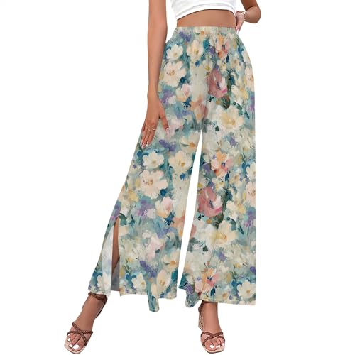 Floral Wide Leg Pants Women Elastic Waist Summer Beach Pant Side Slit Flowy Boho Trouser Tropical Lounge Baggy Jogger