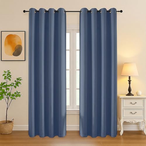 Image of Simplebrand Denim Room Darkening Curtains for Bedroom Living Room 84 Inch Length 2 Panels Set, Thermal Insulated Curtains & Drapes, Solid Grommet Noise Reducing Window Treatment, W50 x L84 Inch