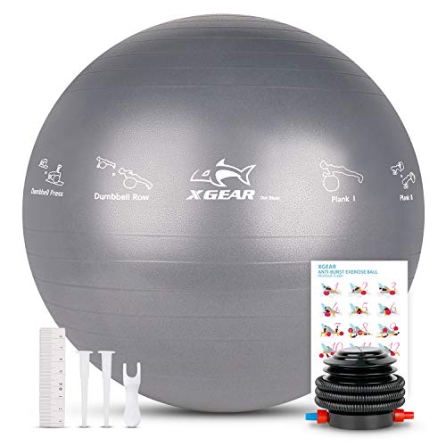 XGEAR Fitness Pelota Balón de Ejercicio Anti-explosión 55cm/65cm/75cm para Fitness Yoga Pilates Ball Estabilizador de Balón de Equilibrio Resistente con Bomba (Gris, 75cm)