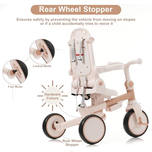 Image of 7 in 1 Baby Tricycle, Foldable Toddler Tricycle with Removable and Adjustable Parent Handle, Toddler Push Bike with Removable Pedal, Canopy, and Guardrail, Tricycle for 12-72 Months (Light Brown)