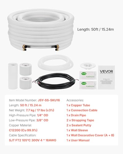 Image of VEVOR 50ft Mini Split Line Set, 1 /4 inch & 3 /8 inch OD AC Copper Tubing Pipe, 3 /8 White PE Thickened Insulated Coil with Flared Nuts, Rich Fittings, for Mini Split Air Conditioner HVAC or Heat Pump System