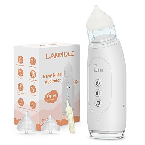 Image of LANMULI Nasal Aspirator for Baby, Automatic Toddler Nose Sucker, Infant Snot Cleaner with Adjustable Suction Level, Music and Light Soothing Function (White)