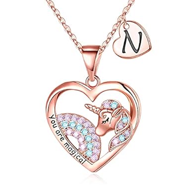AMAZON - Unicorns Gifts for Girls, Initial Necklaces for Women Girls Rose Gold Plated Heart Necklace Unicorn Necklaces for Girls Teen Girls Unicorn Jewelry for Girls N Initial Necklaces Unicorns Gifts for Girls