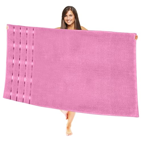 Image of Elegant Comfort 100% Turkish Cotton 4 Lines Viscose Stripe Jumbo Bath Towel - Hotel Spa Quality Extra Large 35 x 70 Inch Bath Towel Ultra Soft, Super Absorbent Quick Dry Large Bath Towel, Light Pink