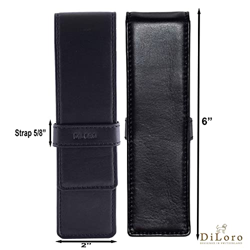 Image of DiLoro Leather Double Pen Case Pencil Pouch Holder for Two Fountain Ballpoint Rollerball Pens and Pencils (Black)