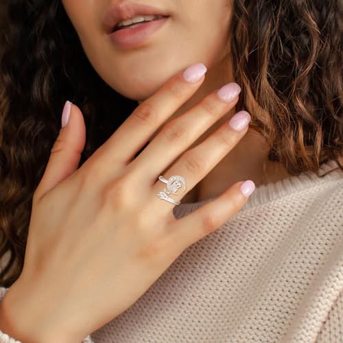 Anillo de búho ajustable de plata 925 con diseño abierto de estrella y luna 4