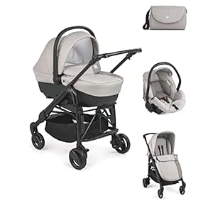 CAM 3 in 1 Kombi-Kinderwagen COMBI TRIS | inkl. Babyschale, Babywanne, Sportwagen, Körbchen und Tasche | Der Allrounder made in Italy: praktisch, komfortabel und sicher (ricamo orso beige)
