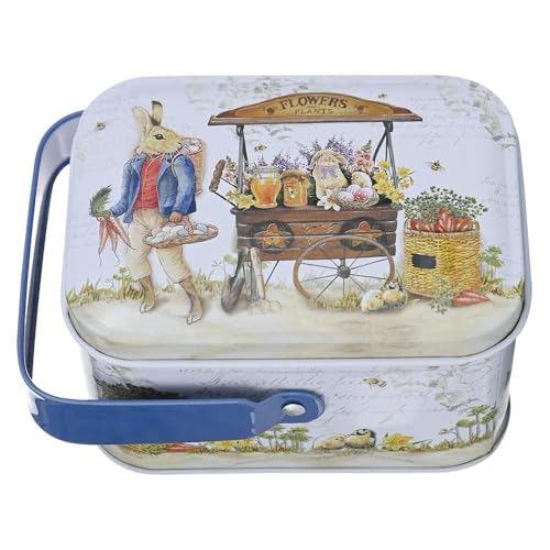 Mini caixa de lata de cesta de Páscoa com alça (estilo D), estojo de piquenique de metal de coelho vintage para petiscos, caixa de presente decorativa reutilizável de armazenamento
