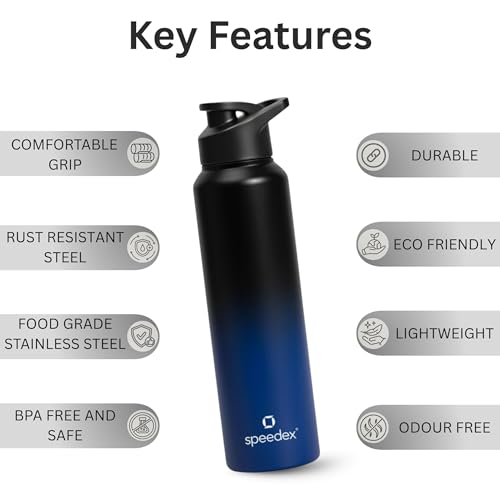 Image of Speedex Stainless Steel Water Bottle 1 Ltr, Leak Proof Sipper Cap, BIS Approved 1000 ml Metal Bottle For Daily, Office, School, Gym, Travel Use for Men, Women, Kids, Adults, Black Blue, Set of 4