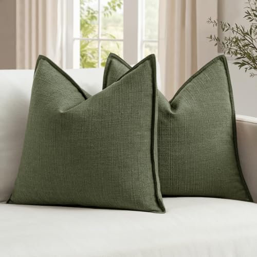Image of MIULEE Euro Sham Pillow Covers for Bed 24x24, 2 Pack Dark Green Thick & Textured Decorative Throw Pillow Covers, Neutral Linen Cushion Cases, Modern Farmhouse Home Decor, No Filling