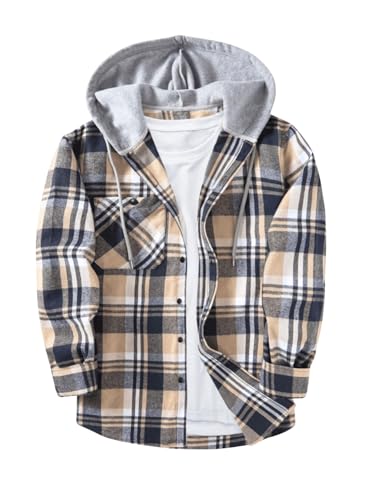 Verdusa Men's Plaid Shirt Long Sleeve Button Down Flannel Shirt Casual Hoodie Jacket with Hooded