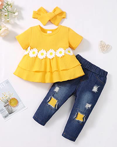 Image of XUANHAO Infant Toddler Baby Girl Clothes Denim Jeans Outfits 2PCS Ruffle Floral Top + Ripped Denim Girls Pants Set 6M-4T