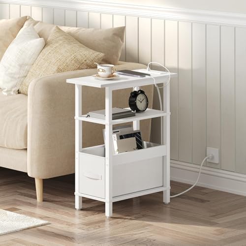 MAHANCRIS Narrow Side Table with Charging Station, Slim End Table