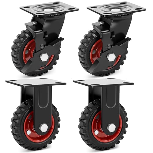 Humagineer 4 Roulettes Charge Lourde 125mm pour Extérieur - 2 Pivotantes avec Frein et 2 Fixes - Roues en Caoutchouc Plein 500kg pour Meuble Jardin et...