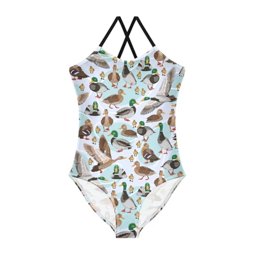 Mallard Ducks Girls One Piece Swimsuits Wild Birds Sport Halter Swimwear Beach Bathing Suit 9-10T