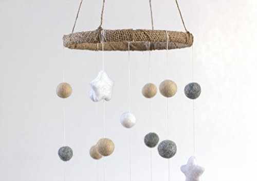 Felt Ball & Star Nursery Ceiling Mobile- Almond, Gray & White- Neutral Children's Room Ceiling Decor- Nursery Boy Girl Baby Shower Gift- Handmade - 100% Wool Felt Shapes