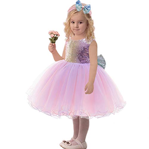 12M-6Y Baby Dress Sequins Bowknot Flower Girls Lace Wedding Pageant Tutu Gown Dresses with Headwear4