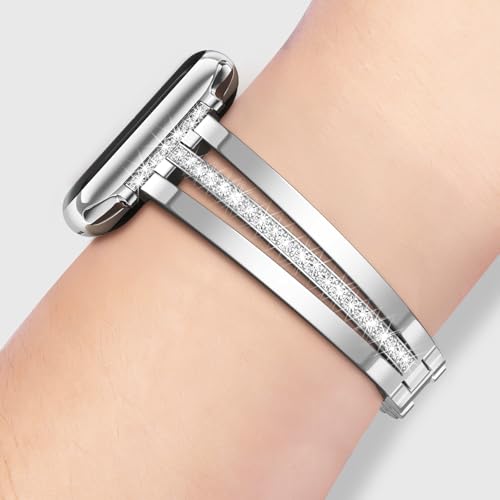 Image of AIRSPO Slim Silver Band Compatible with Apple Watch 38mm /40mm /41mm Women Thin Metal Strap Dressy Jewelry Bracelet with Bling Diamond for iWatch Bands Series 10 9 8 7 6 5 4 3 SE
