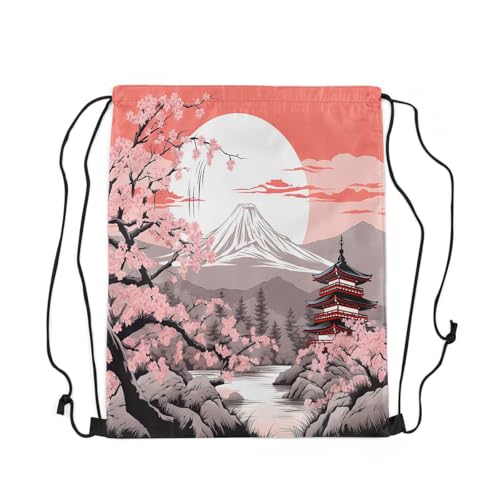jejeloiu Japanese Style Drawstring Backpack 13x15.7inch Cherry Blossom Waterproof Gym Drawstring Bags Japan Fuji Mountain Sports String Backpack Beach Swim Travel Bag Sackpack2