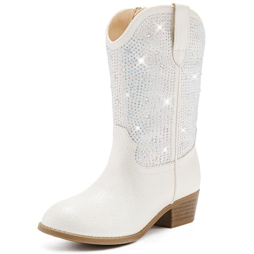 Rhinestone Sparkly Girls Cowgirl Cowboy Boots Little Kids Dress Boot Pointed Toes Low Heel Mid Calf Zipper Party Birthday Toddler to Big Kid - Main Image