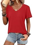 ATHMILE Womens V Neck Short Sleeve Summer T Shirts Curved Hem Plain Top Beach Red