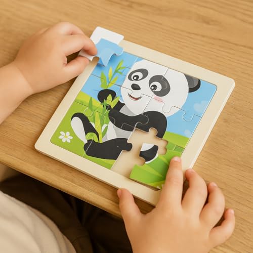Image of FUN4YOU Wooden Animal Puzzle for Kids - 4 Pack Cartoon Jigsaw Puzzles | Cow, Rabbit, Elephant & Panda | Educational Montessori Learning Toy for Toddlers | Brain Development & Fun Activity Game