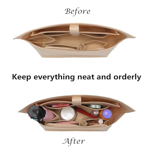 Image of Doxo Purse Organizer Insert for Handbags, Tote Bag Insert Organizers with Laptop Compartment /Cup Holder, Softened Felt Compatible with LV Neverfull MM(Beige,Upgrade)
