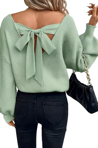 Image of Womens Off Shoulder Bow Back Sweater Sexy Loose Fit Deep V Neck Knit Tops | Backless, Lantern Long Sleeves, Ribbed Knit, Lightweight, Fall Winter Outfit, Party, Halloween, Christmas, New Year's Eve